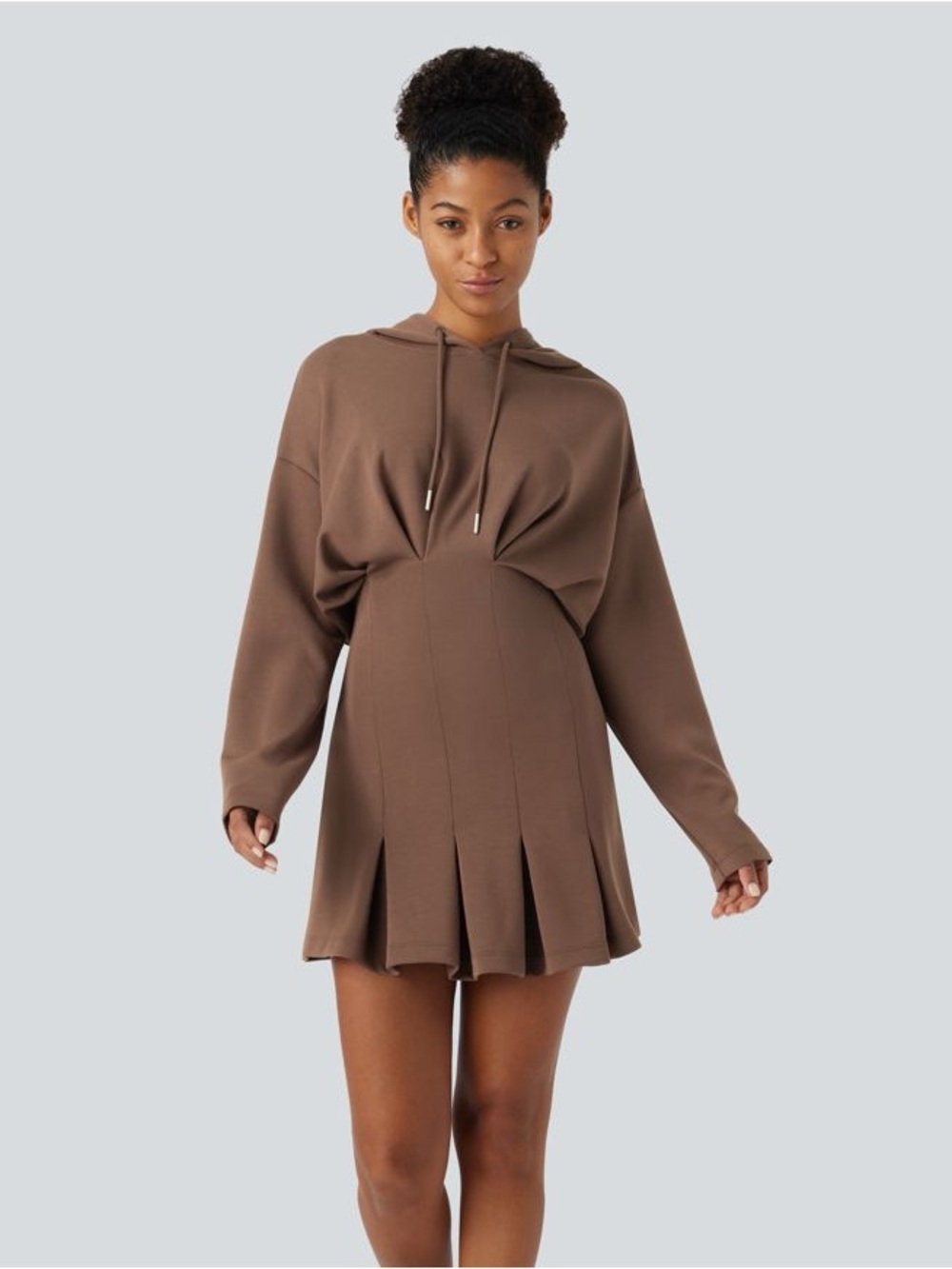 Brown Hoodie Dress with Pleated Skirt
